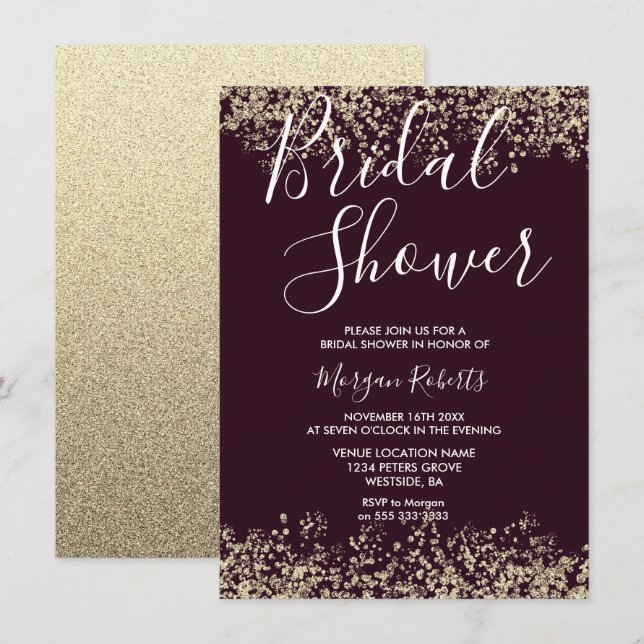 Convites Chá de panela Glitter Burgundy Dourado (Frente/Verso)
