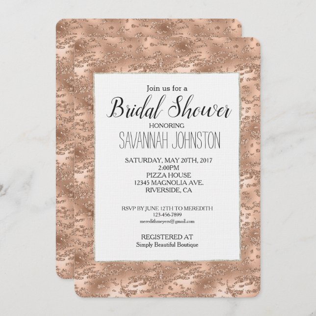 Convites Chá de panela Glitzy Dourado Rosa Chic (Frente/Verso)