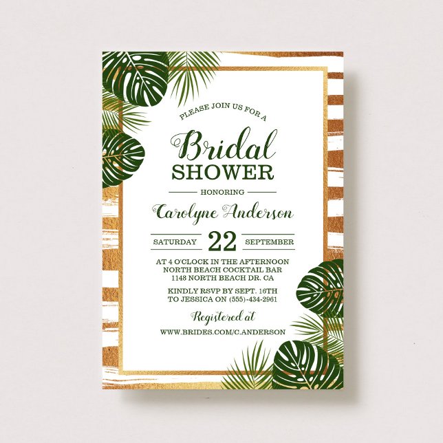 Convites Chá de panela Gold Foil & Green Palm Leaf Beach (Criador carregado)