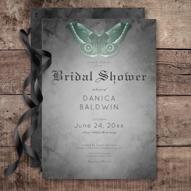 Convites Chá de panela Gótico de Lama Negra Verde (Gothic Black Watercolor Green Moth Bridal Shower Invitation)
