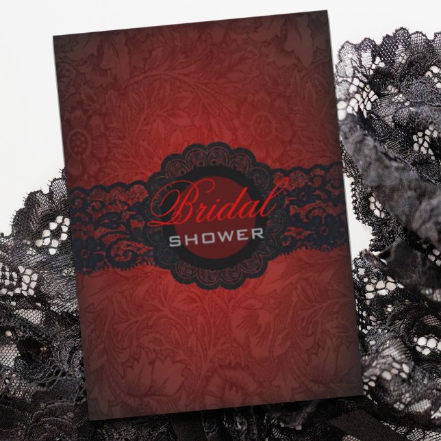 Convites Chá de panela Gótico de rendas Pretas Vermelhas (Red Black Lace Gothic Bridal Shower Invitation)