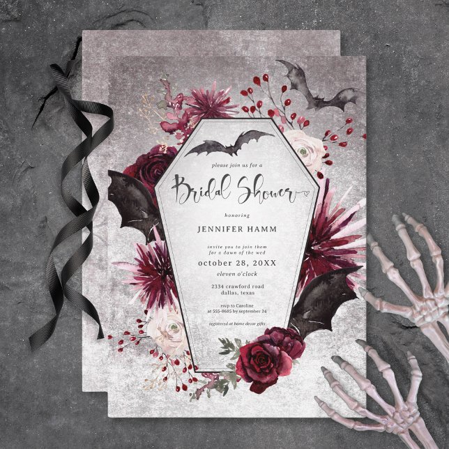 Convites Chá de panela Gótico Negro e Borgonha Spooky (Gothic Black & Burgundy Spooky Bridal Shower Invitation)