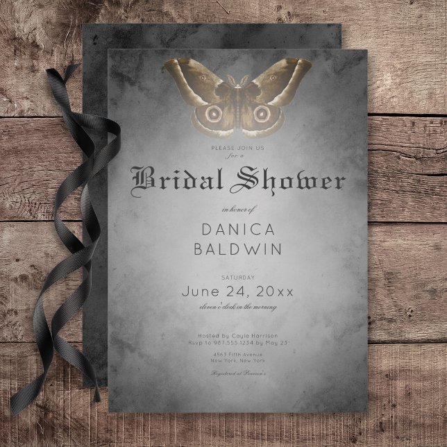 Convites Chá de panela Gótico Preto-Aquarela Marrom-Moth (Gothic Black Watercolor Brown Moth Bridal Shower Invitation)