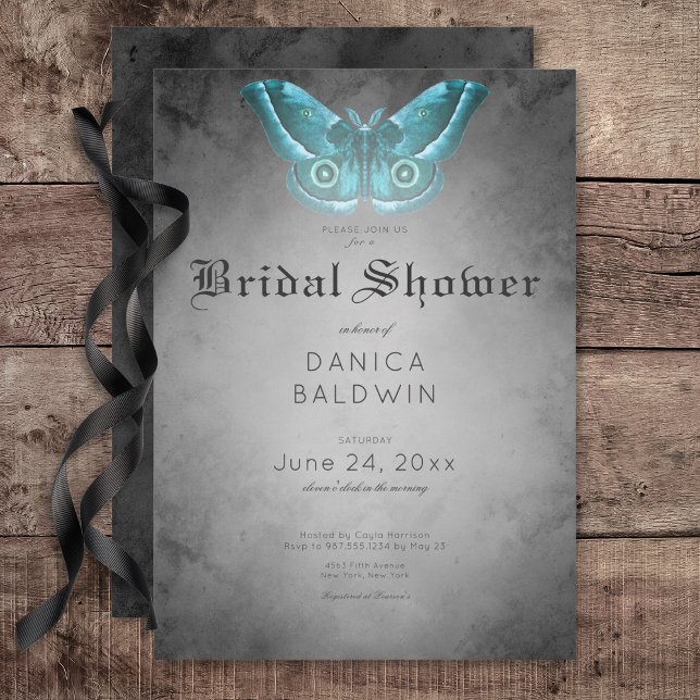 Convites Chá de panela Gótico Preto-Aquarela Teal Moth (Gothic Black Watercolor Teal Moth Bridal Shower Invitation)