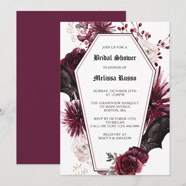 Convites Chá de panela Gótico-Rosa Coffin Branco Elegante (Frente/Verso)