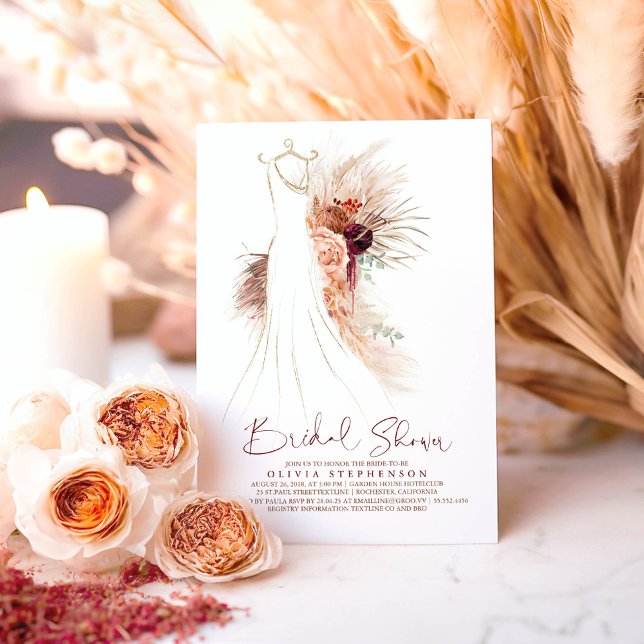 Convites Chá de panela Gown Terracotta de Casamento Grass d (Terracotta Floral Dress Bridal Shower Invitations for Boho Party)