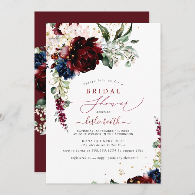 Convites Chá de panela H2 Peonies Marinho Blush Burgundy (Frente/Verso)