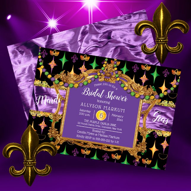 Convites Chá de panela Harlequins Fleur de Lis Mardi Gras (Harlequins Fleur de Lis Mardi Gras Bridal Shower Invitation)