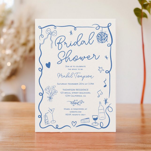 Convites Chá de panela ilustrado desenhado com a mão azul r (Retro blue hand drawn illustrated bridal shower invitation)
