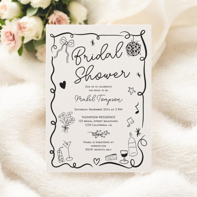 Convites Chá de panela ilustrado desenhado com a mão preta (Retro black hand drawn illustrated bridal shower invitation)