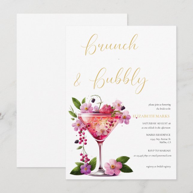 Convites Chá de panela Inverso Floral Elegante Brunch e Bub (Frente/Verso)