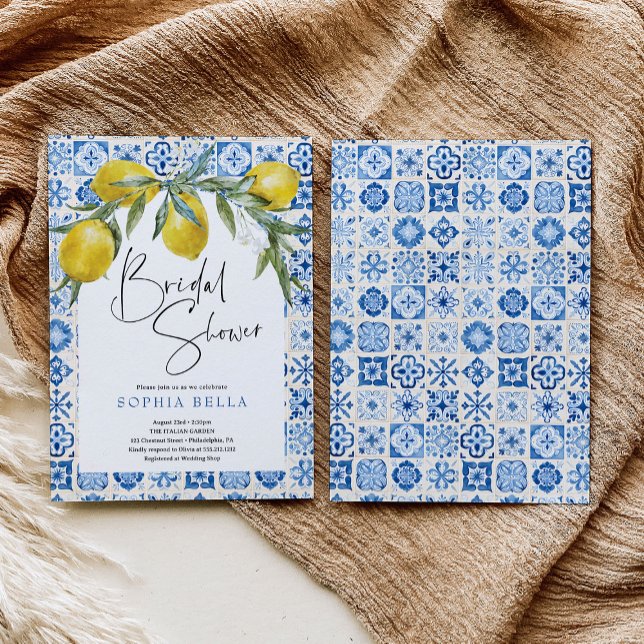 Convites Chá de panela italiano do Azulejo azul mediterrâni (Criador carregado)