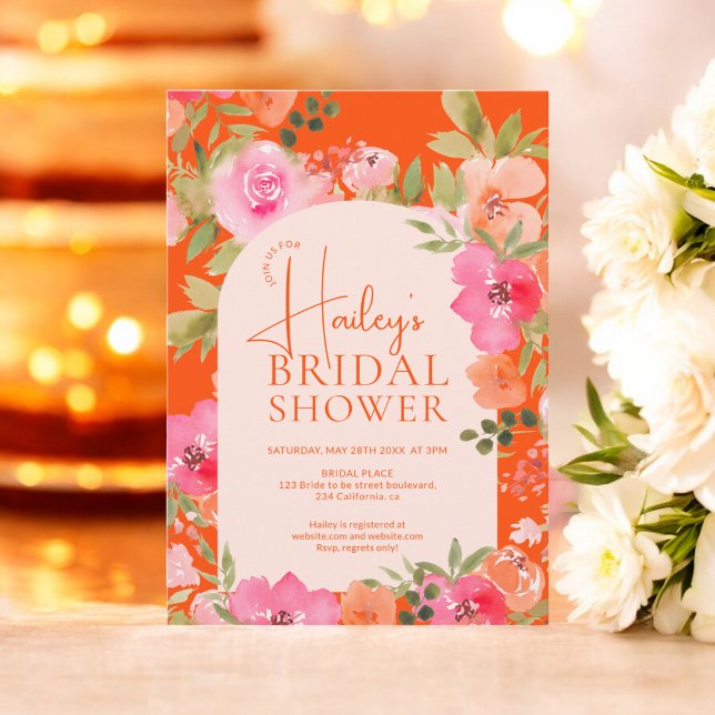 Convites Chá de panela Laranja Brin Moderno Boho Floral (Bright Modern Floral Boho Orange Bridal Shower Invitation)