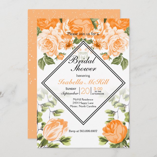 Convites Chá de panela - Laranja Floral (Frente/Verso)