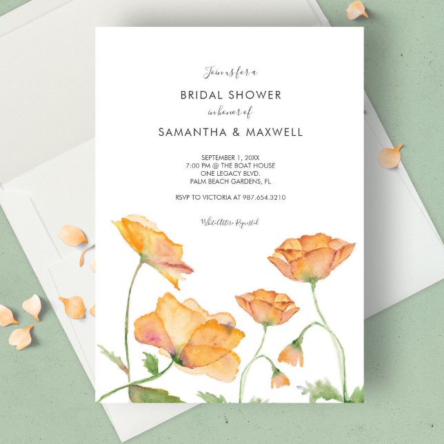 Convites Chá de panela Laranja Floral Aquarela (Bridal shower invitations watercolor orange poppy flowers by Victoria Grigaliunas Do Tell A Belle)