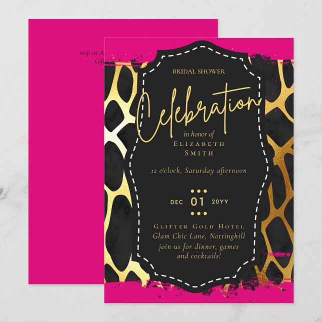 Convites Chá de panela LeahG Glam Chic Animal Dourado Rosa  (Frente/Verso)