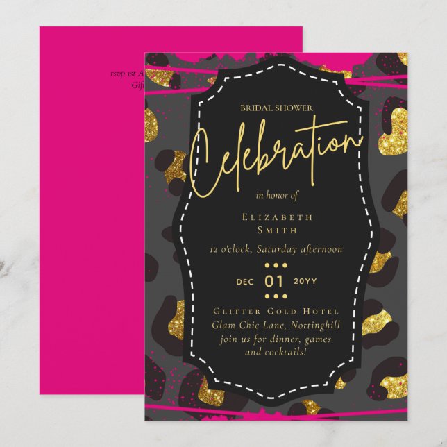 Convites Chá de panela LeahG Glam Chic Animal Dourado Rosa  (Frente/Verso)