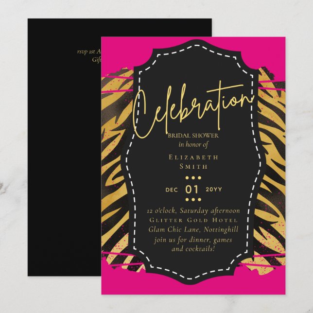 Convites Chá de panela LeahG Glam Chic Animal Dourado Rosa  (Frente/Verso)