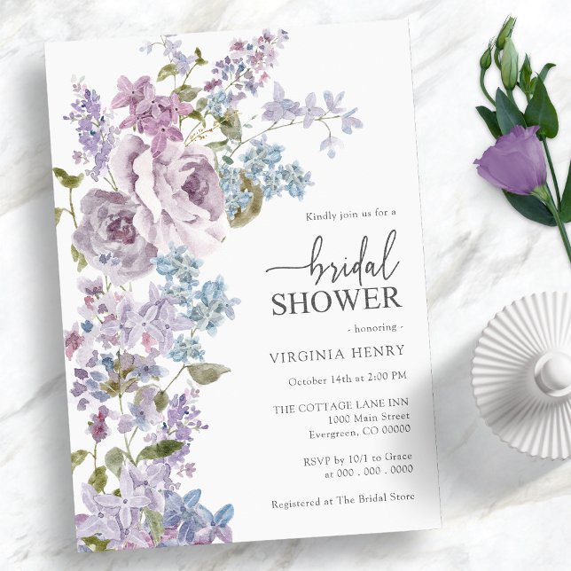 Convites Chá de panela Lilac Elegante (Elegant Watercolor Purple and Blue Roses and Lilac Bridal Shower Invitation)
