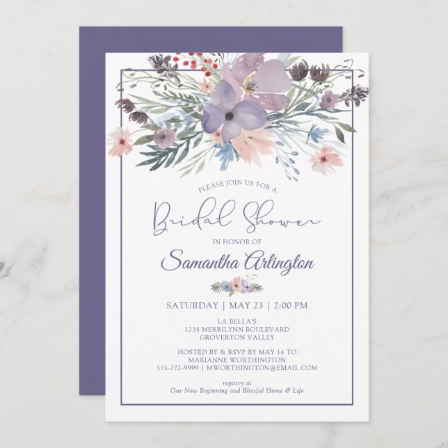 Convites Chá de panela Lilar Púrpura Floral de Aquarela (Frente/Verso)