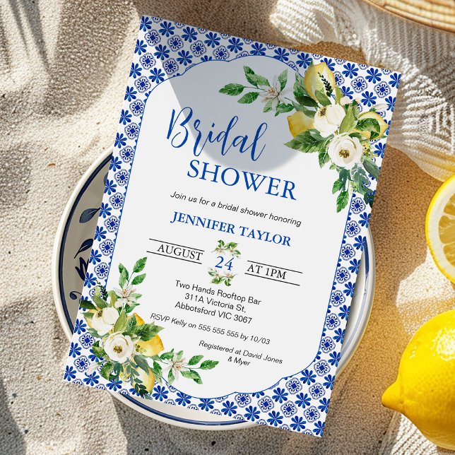 Convites Chá de panela-limão Rosa-Azulejo-azul-mediterrânic (Blue Mediterranean Tile Bridal Shower Invitations template, Mediterranean Shower Invitation, Lemon)