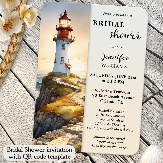 Convites Chá de panela litoral do farol de aquarela (Coastal bridal shower invitation featuring a watercolor painting of a lighthouse at sunset - QR code)