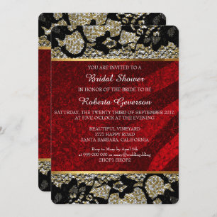 Convites Chá de panela Luxo Dourado Lace Preto Vermelho Esp