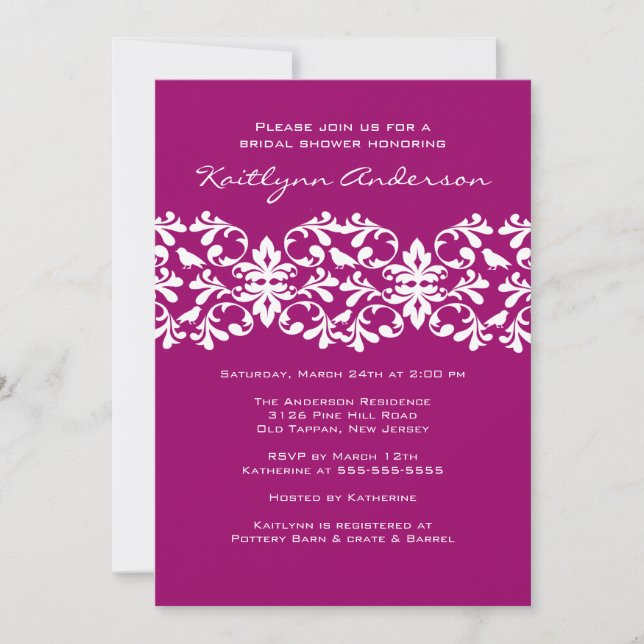 Convites Chá de panela Magenta e Branco para Damask (Frente)