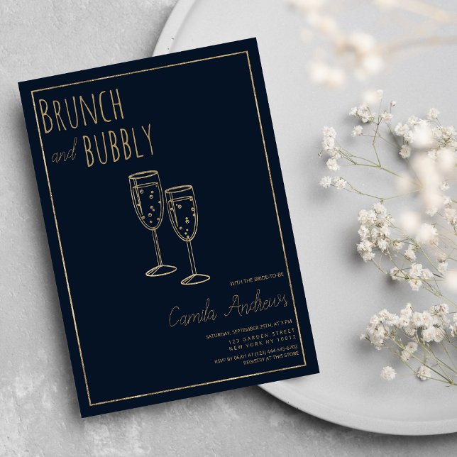 Convites Chá de panela marinho azul Dourado Brunch e espuma (Navy Blue Gold Brunch and Bubbly Bridal Shower)