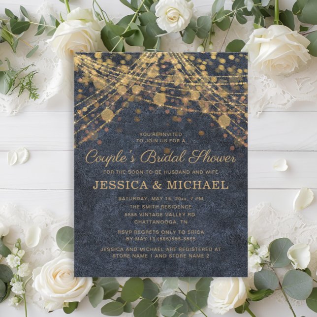 Convites Chá de panela marinho azul Dourado Casal de luz (Rustic glam navy blue and gold string lights couple's bridal shower invitation)