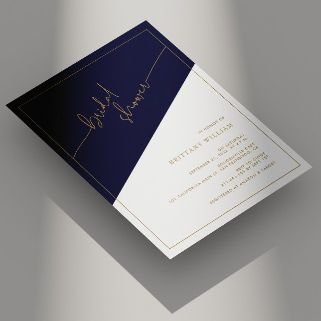 Convites Chá de panela marinho Azul e Dourado Geométrico (Navy Blue and Gold Geometric Bridal Shower Invitation)