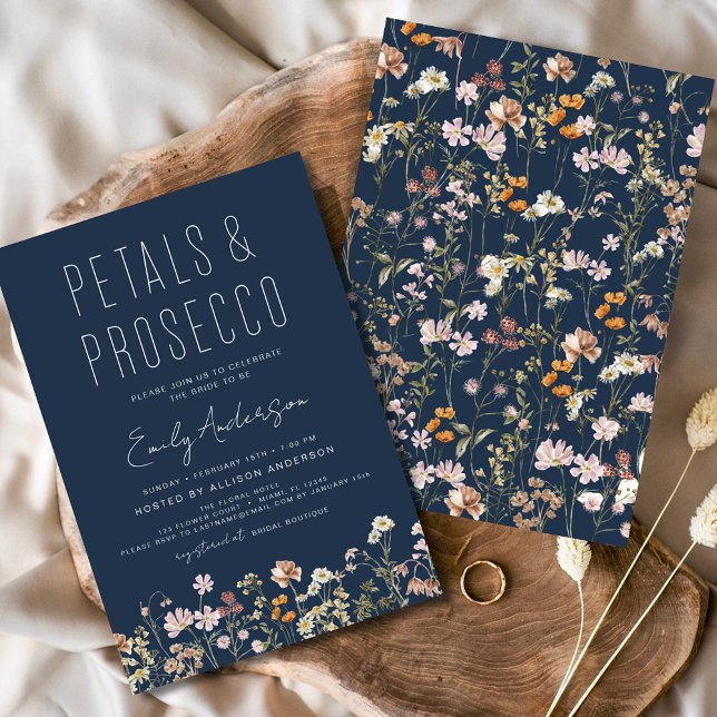 Convites Chá de panela marinho azul Petals & Prosecco (Criador carregado)