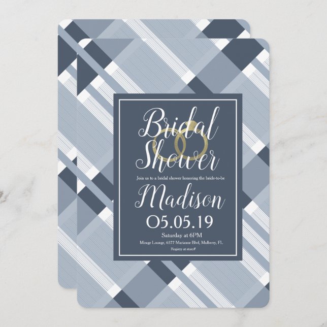 Convites Chá de panela Marinho Azul Xadrez Anéis (Frente/Verso)