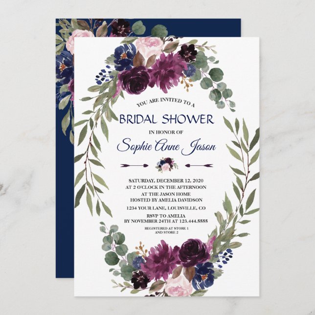 Convites Chá de panela Marinho de Lavanda Chic Blue Floral  (Frente/Verso)