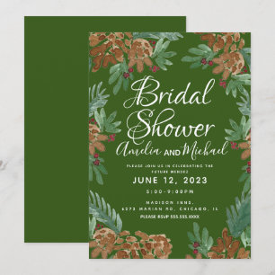 Convites Chá de panela Marrom Pinecones Watercolor