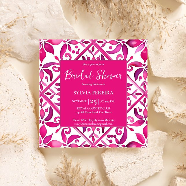 Convites Chá de panela mexicano, cor-de-rosa-escuro (Bold pink Spanish talavera tiles folk pattern Mexican Hacienda bridal shower Invitation template)