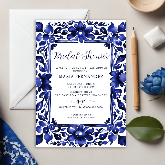 Convites Chá de panela mexicano Fiesta Blue Talavera (Mexican Fiesta Blue Talavera Bridal Shower Invitation)