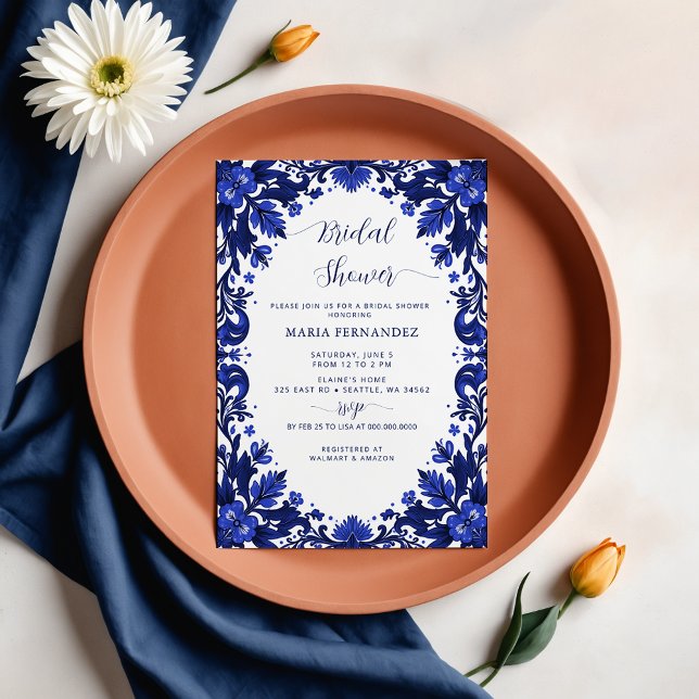 Convites Chá de panela mexicano Fiesta Blue Talavera (Mexican Fiesta Blue Talavera Bridal Shower Invitation)