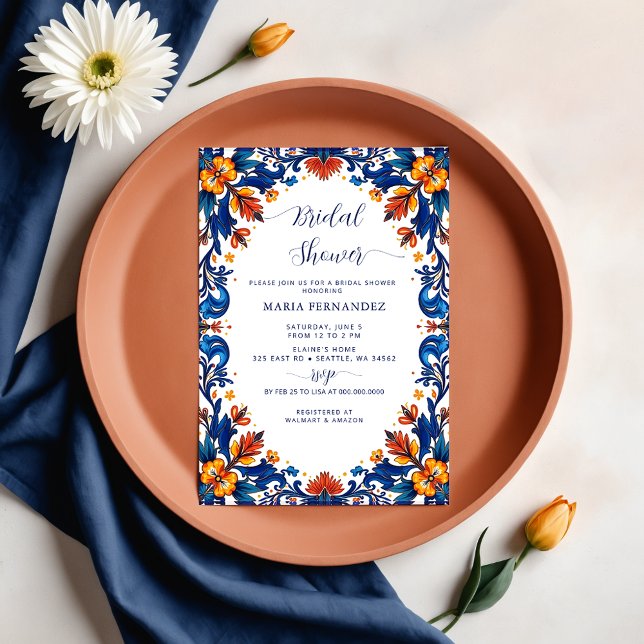 Convites Chá de panela mexicano Fiesta Blue Talavera (Mexican Fiesta Blue Talavera Bridal Shower Invitation)