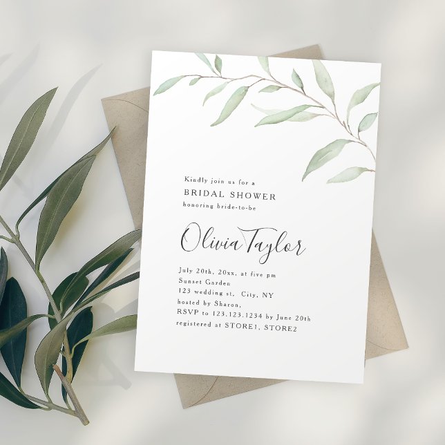 Convites Chá de panela mínimo de caligrafia verde (Minimal greenery calligraphy rustic bridal shower invitation)