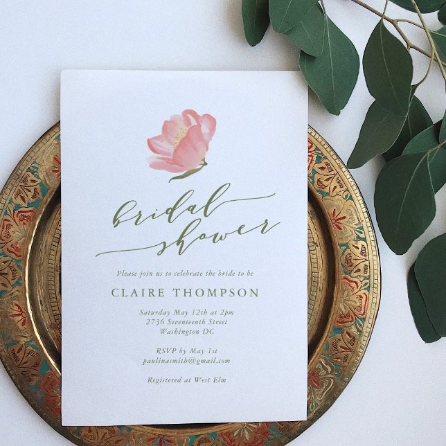 Convites Chá de panela Mínimo de Flor de Aquarela Rosa (Criador carregado)