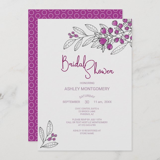 Convites Chá de panela Mínimo de Folhas de Berries Roxos (Frente/Verso)