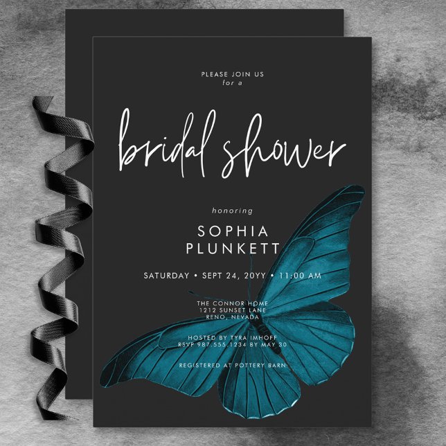 Convites Chá de panela Mínimo de Teal Mínimo Escuro (Dark Moody Minimal Teal Moth Bridal Shower Invitation)