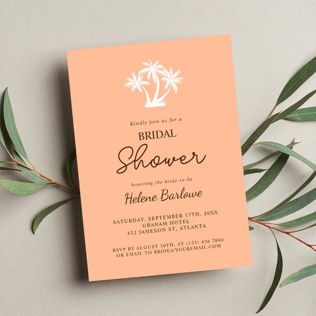 Convites Chá de panela Mínimo Moderno Tropical Peach (Peach Tropical Modern Minimalist Bridal Shower Invitation)