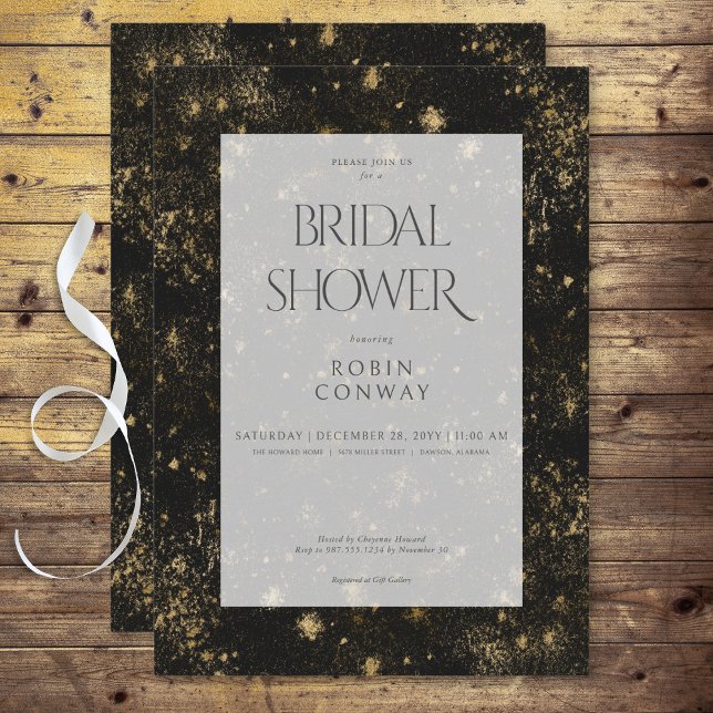 Convites Chá de panela Mínimo Preto e Dourado Moderno (Modern Minimal Black & Gold Glitter Bridal Shower Invitation)