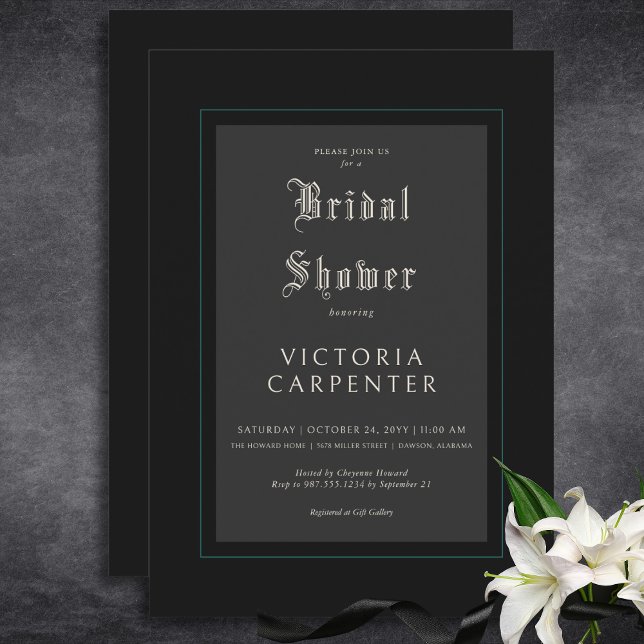 Convites Chá de panela Mínimo Preto e Teal Gótico Escuro (Dark Gothic Minimal Black & Teal Bridal Shower Invitation)