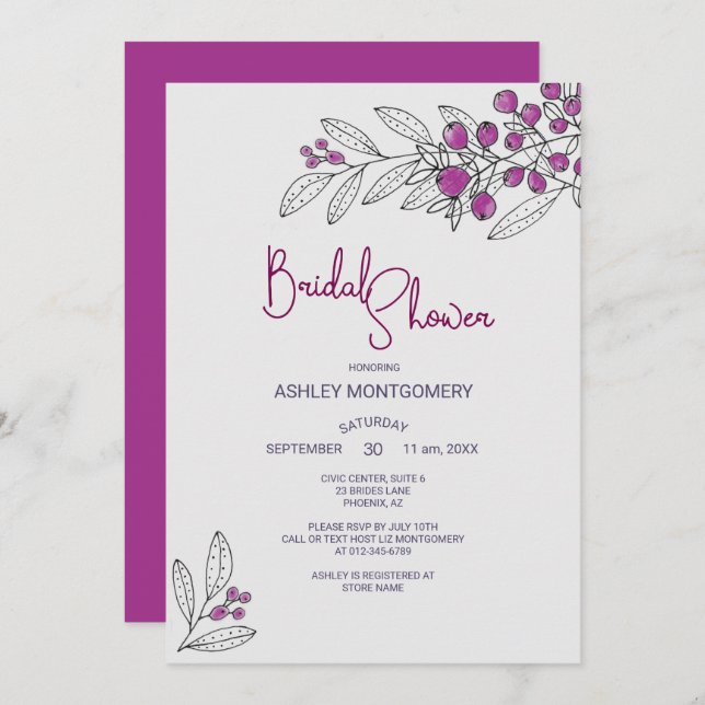 Convites Chá de panela Mínimo Roxo Deixa Berries (Frente/Verso)