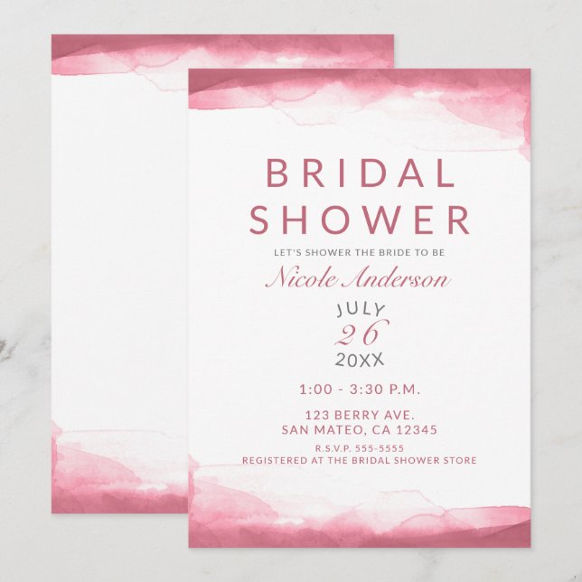 Convites Chá de panela Moderno Berry Mauve Pink Watercolor (Frente/Verso)