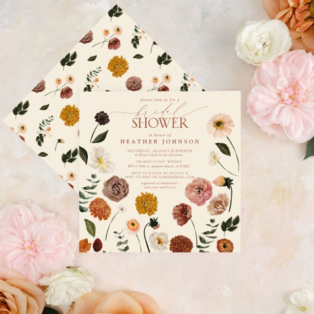 Convites Chá de panela Moderno Boho Chic Floral Terracotta (Easy to personalize fall terracotta floral bridal shower invitation.)