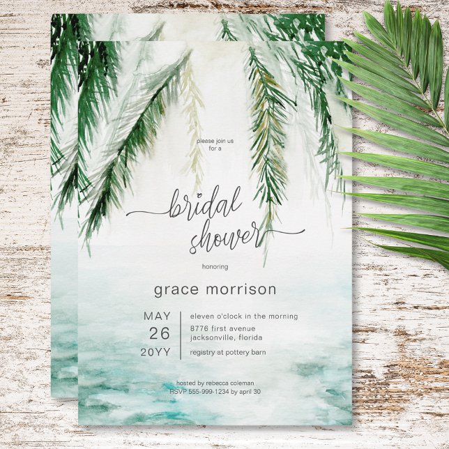 Convites Chá de panela moderno de água tropical e palmeiras (Modern Tropical Water & Palms Bridal Shower Invitation)